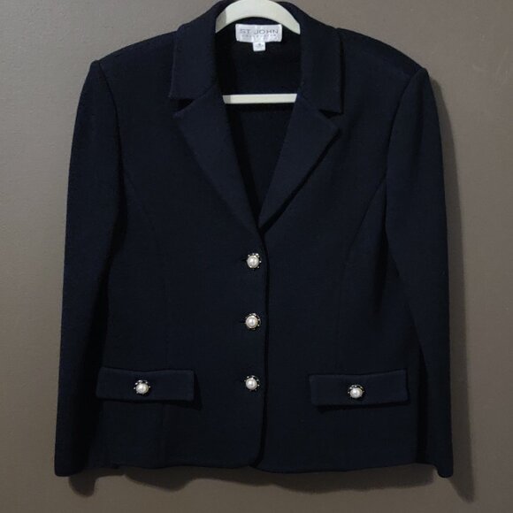 St. John Collection Black Wool Blend Knit Blazer Pearl Buttons Women's SIZE 12 - Picture 4 of 7
